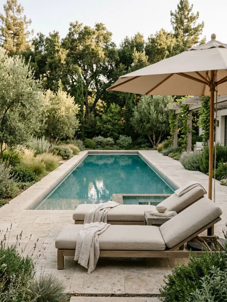 A backyard lap pool designed in a warm minimalist and modern rustic style, featuring a rectangular pool bordered by large-format travertine.