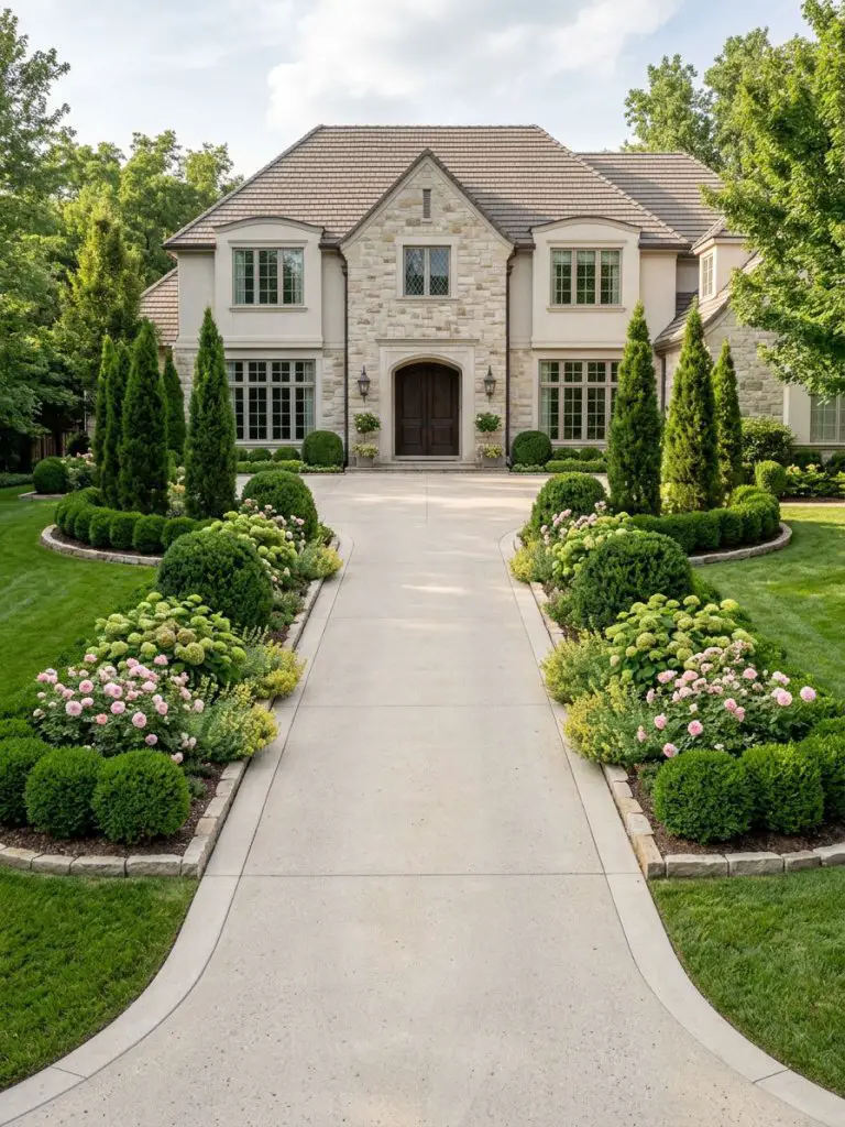 An elegant symmetrical driveway landscaping design featuring structured flower beds and manicured shrubs.