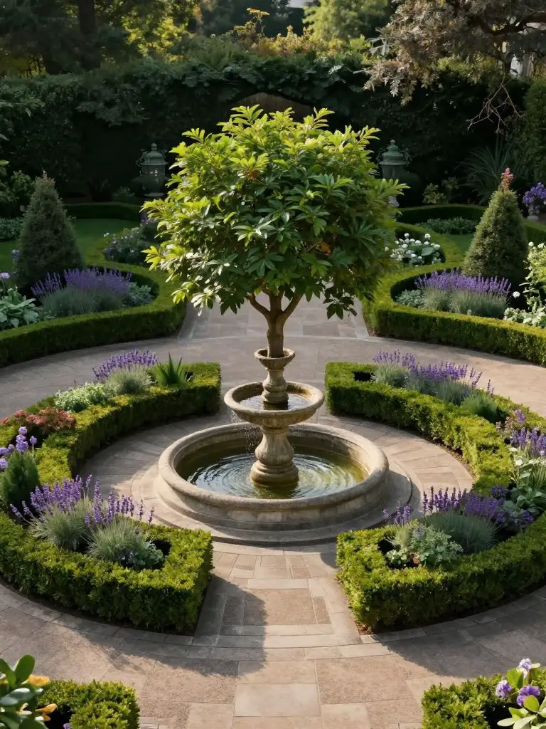 A refined driveway island with a classical design featuring a central ornamental tree and a stone fountain base.