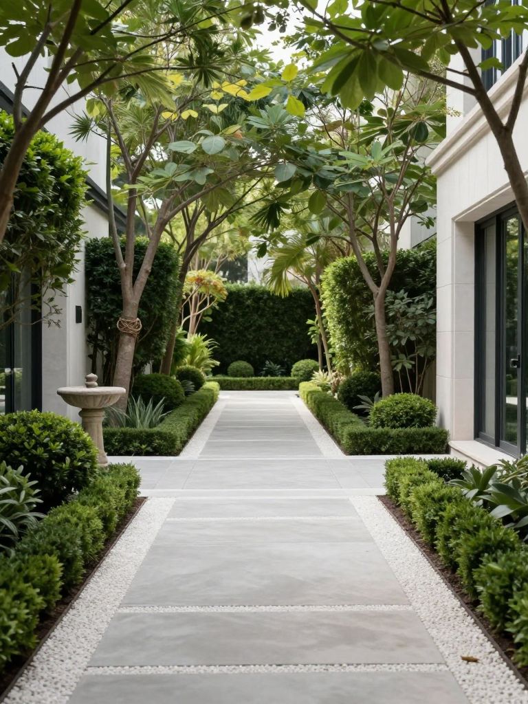 A refined narrow driveway lined with manicured topiary and trees in a Modern Classic style.