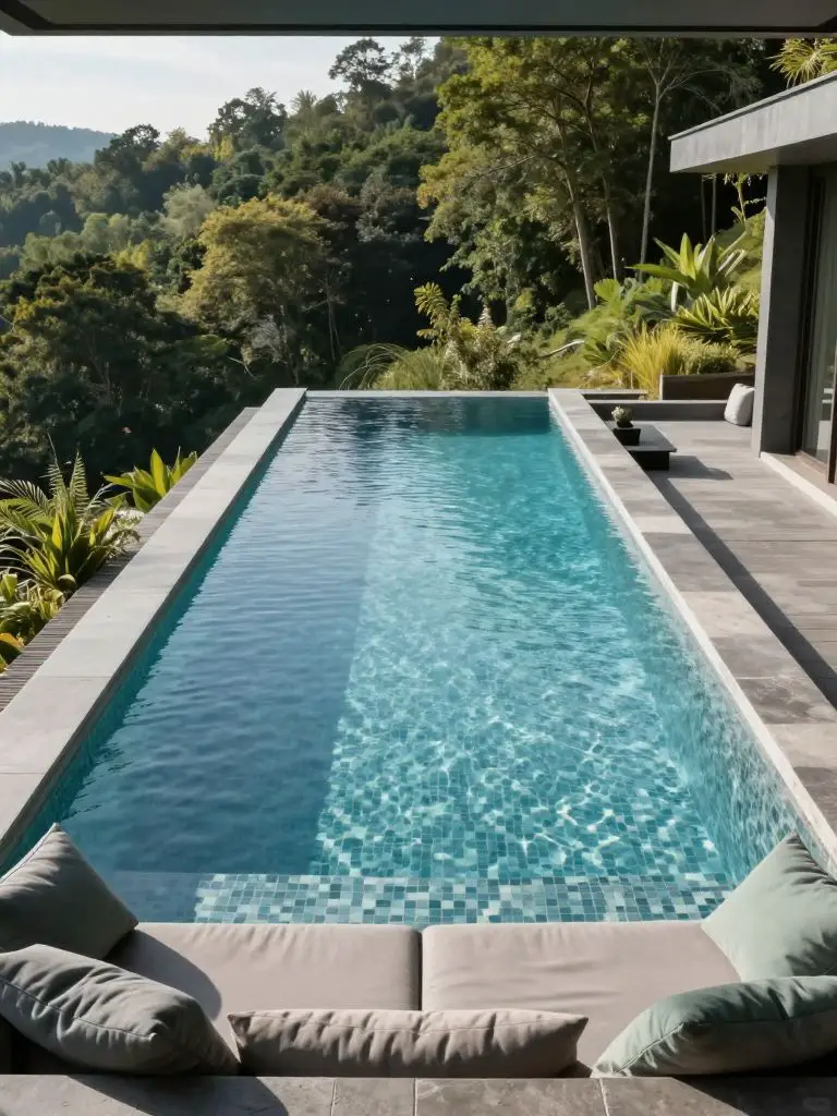 A modern hillside spa pool designed with an infinity edge overlooking a lush forest landscape, blending contemporary and natural aesthetics.