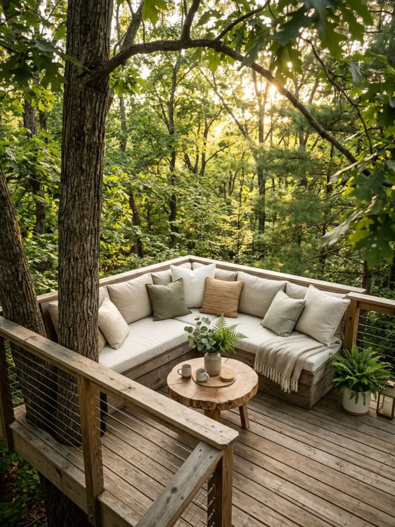 An elevated wooden tree deck with built-in seating, designed in modern rustic outdoor living style.