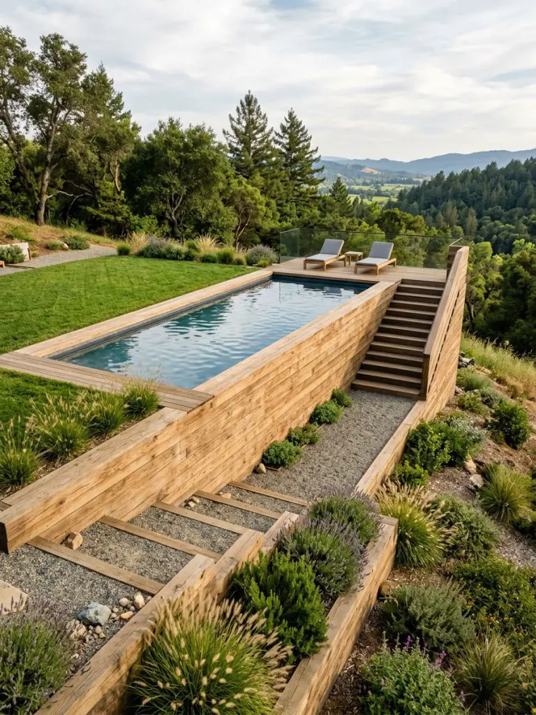 A hillside backyard featuring an elevated rectangular pool supported by a warm modern rustic wooden retaining wall system.