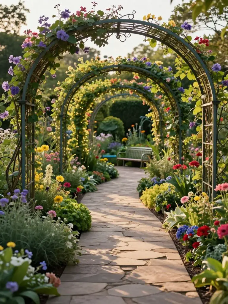 A small secret garden walkway designed in a whimsical enchanted garden style, featuring multiple curved metal arches covered in climbing flo.