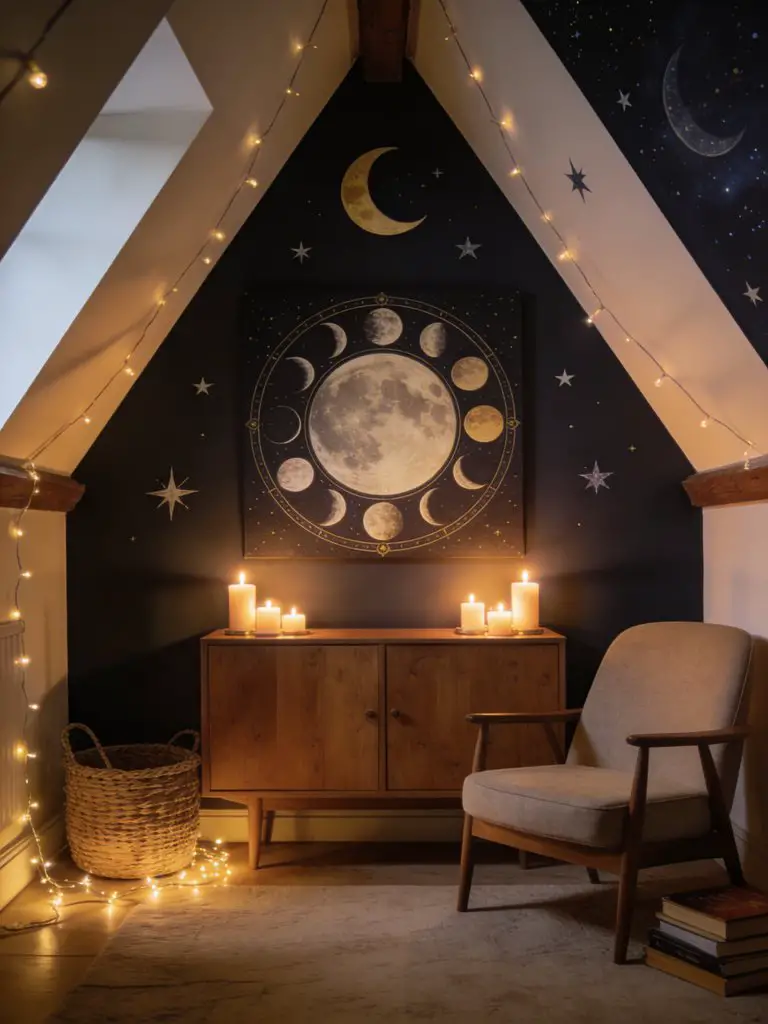 An enchanted attic-style corner with slanted ceilings, decorated with celestial moon and star wall accents and soft string lights.