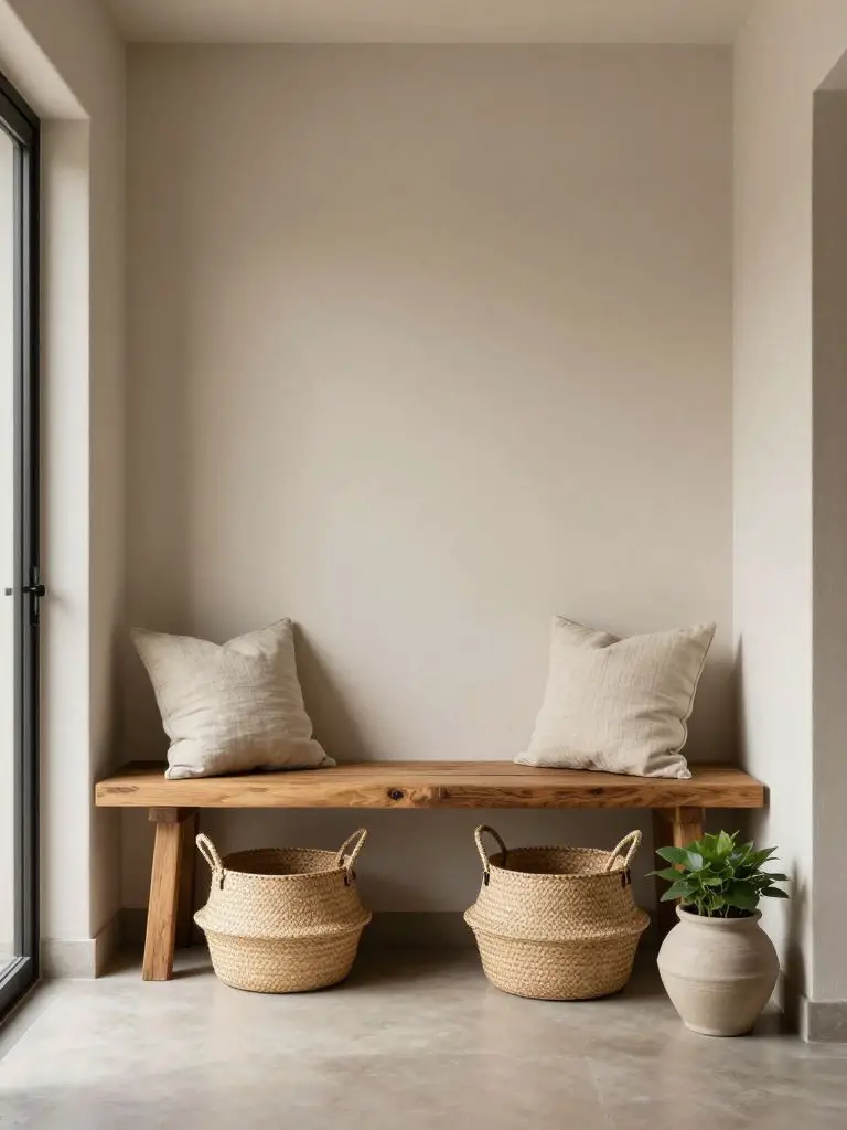 A welcoming entryway styled with sustainable materials and earthy textures.