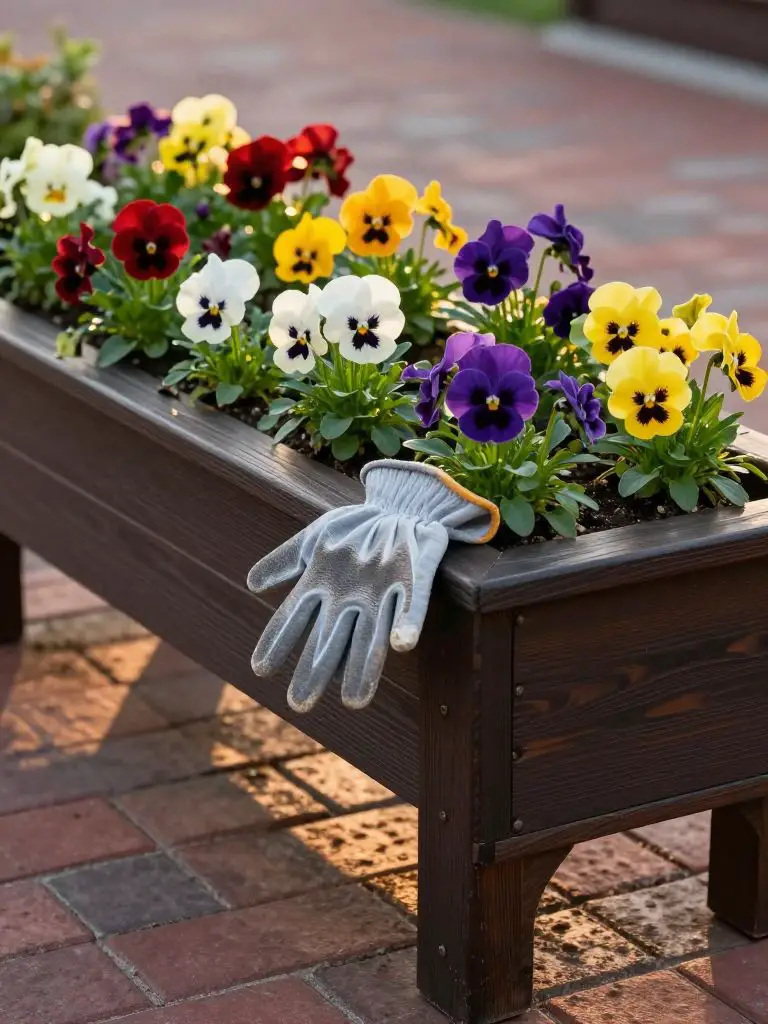 A waist-high elevated planter box made of dark-stained wood with sturdy legs.