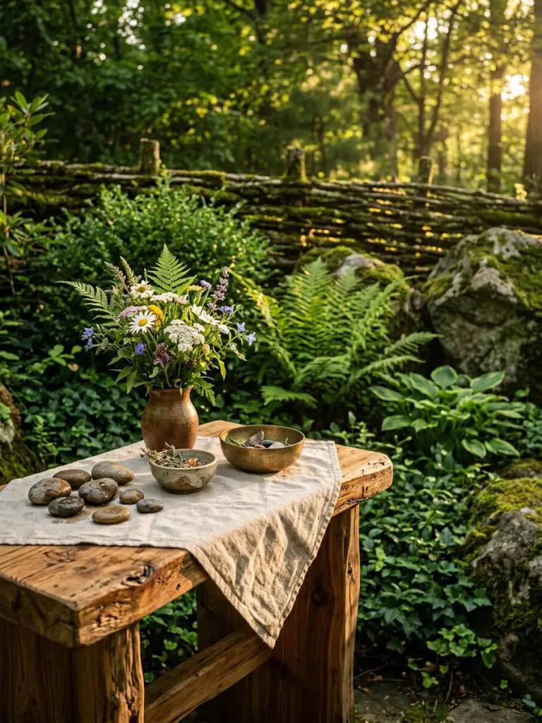 An intimate garden corner is set aside as a serene place for offering and gratitude to nature, featuring a handcrafted natural wood altar ta.
