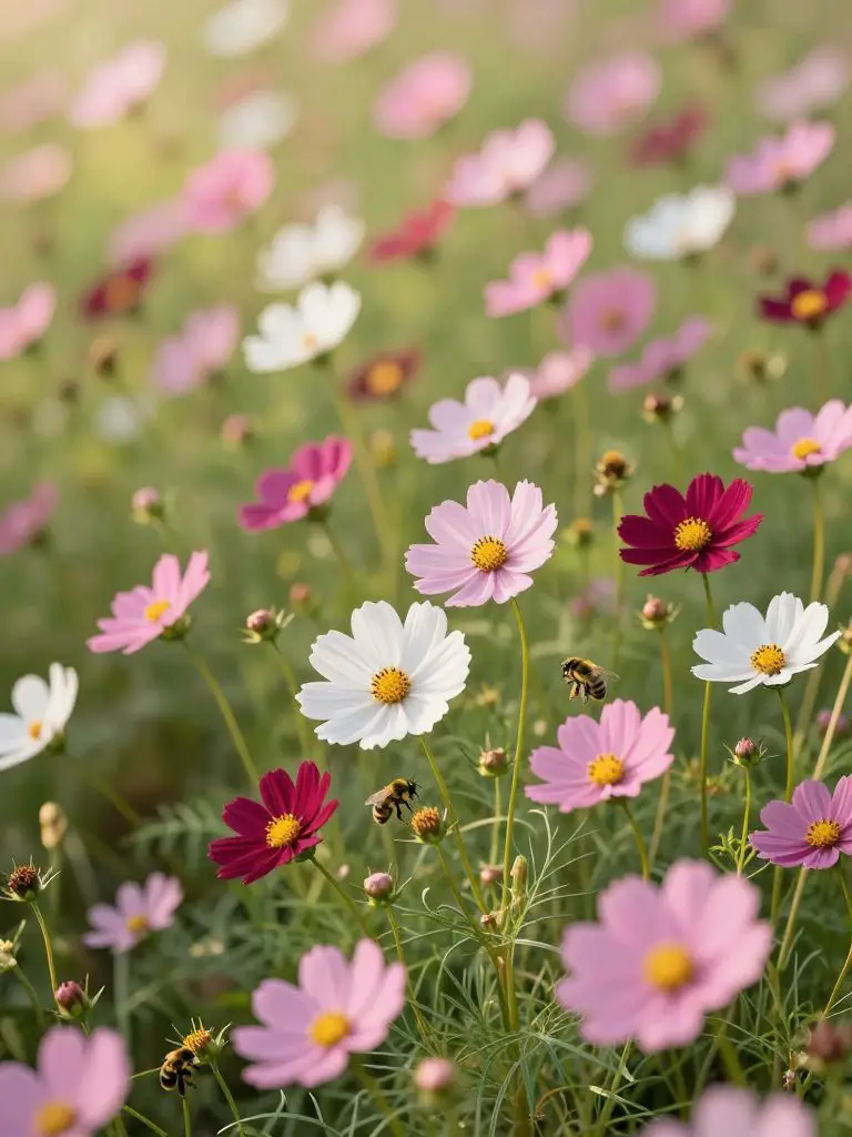 A whimsical wildflower bed featuring a dense "chaos" planting of pink, white, and burgundy cosmos.