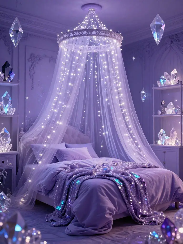 An ethereal purple witch bedroom glowing with crystal-inspired decor, featuring a soft bed layered in shimmering fabrics and pastel lavender.