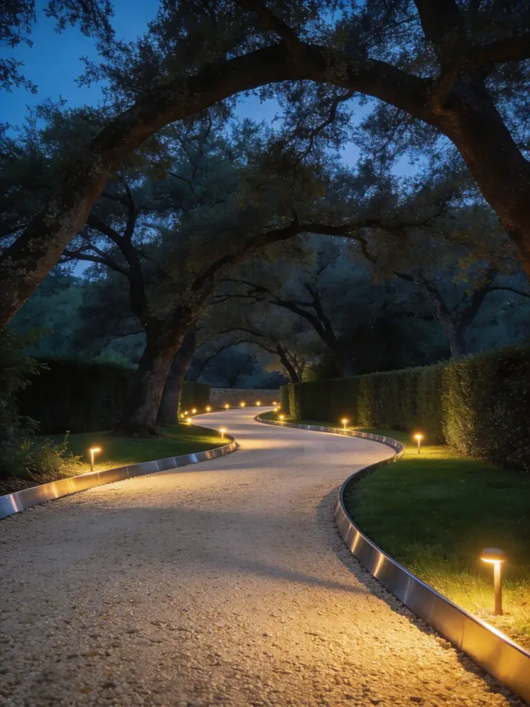 A gently curving gravel driveway illuminated with soft landscape lighting in a modern rustic evening setting.
