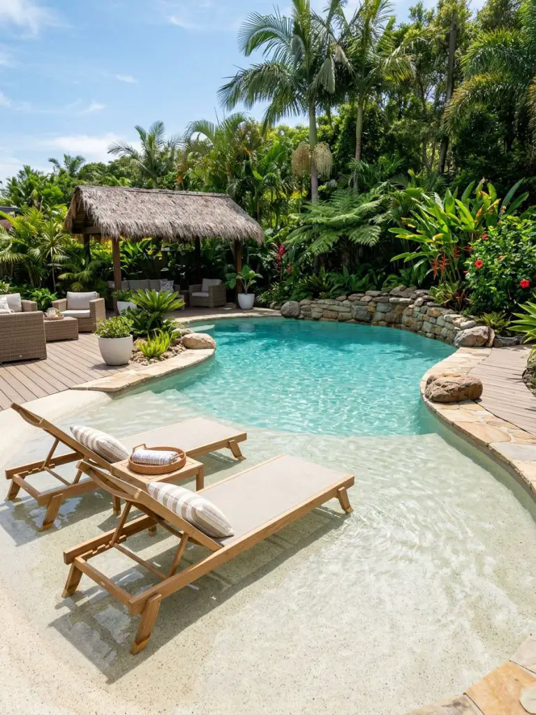A family-friendly beach pool backyard featuring a wide shallow entry area designed for relaxation and play, styled in a casual tropical aest.