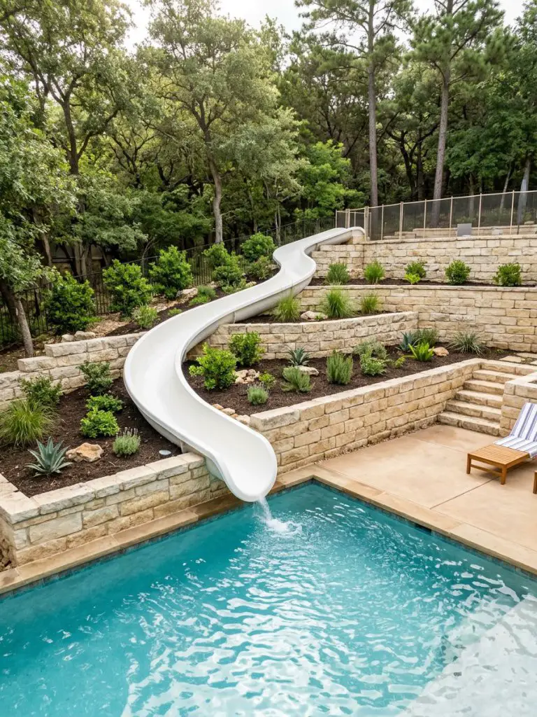 A family-friendly pool integrated into a sloped backyard with layered beige stone retaining walls and a built-in white water slide.