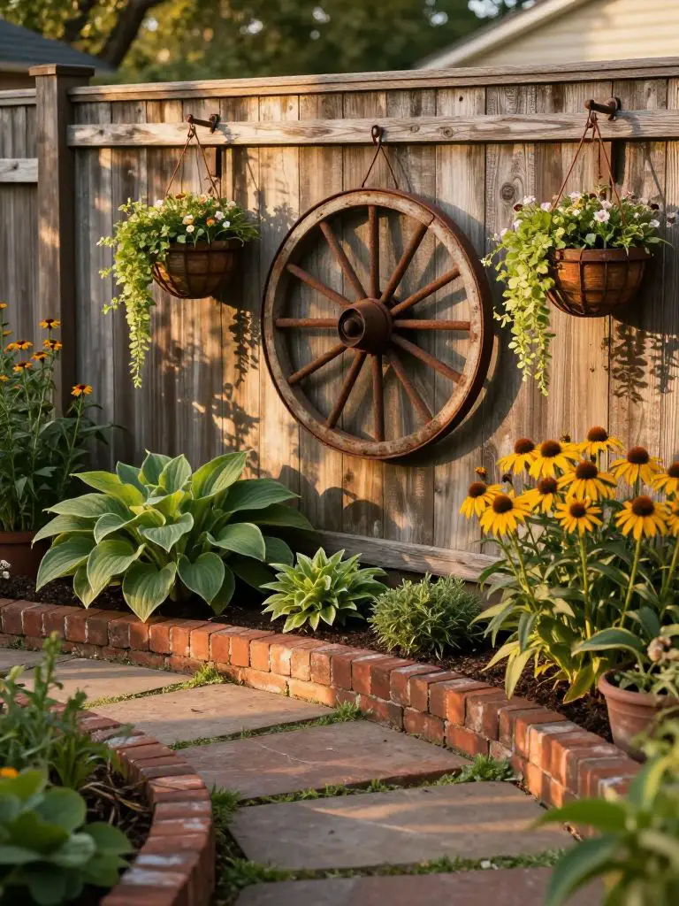 A farmhouse-style backyard corner showcasing vintage garden decor with a weathered wooden fence as the backdrop.