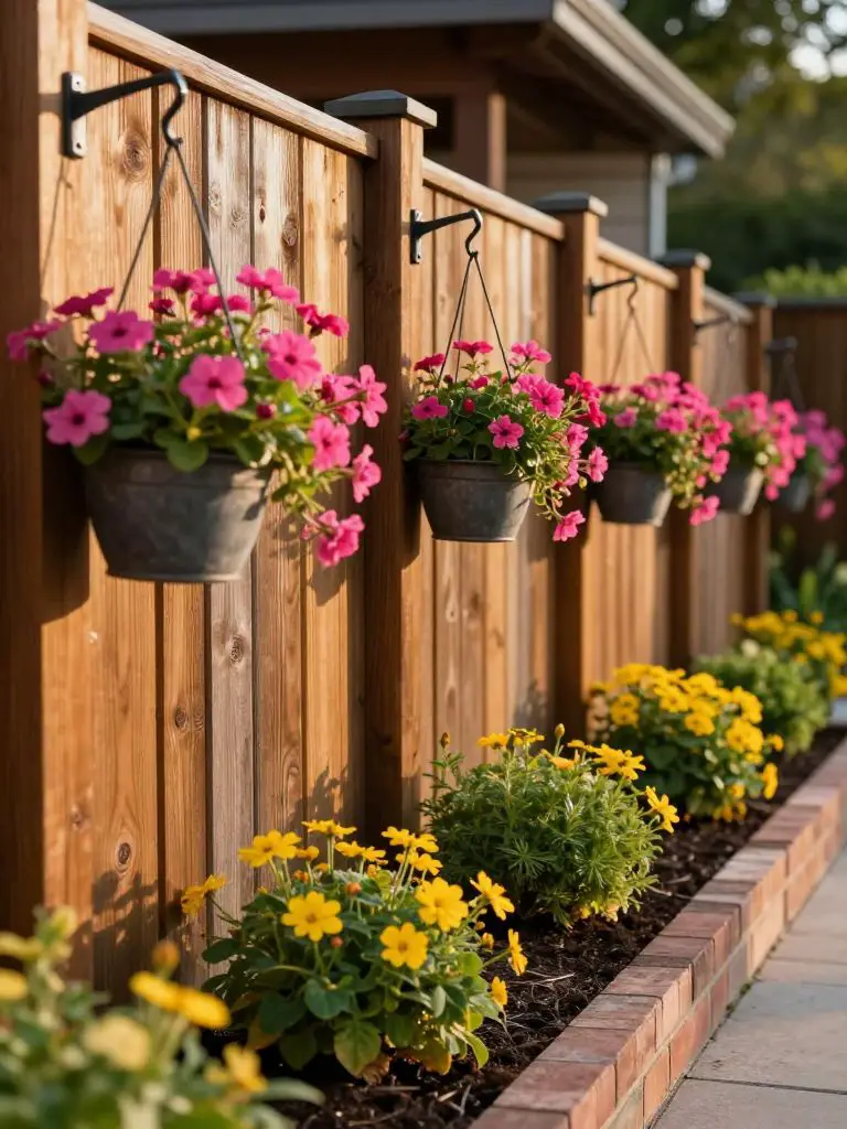 A fence-line flower bed in a modern rustic garden style featuring a linear composition with hanging planters mounted on wooden posts.