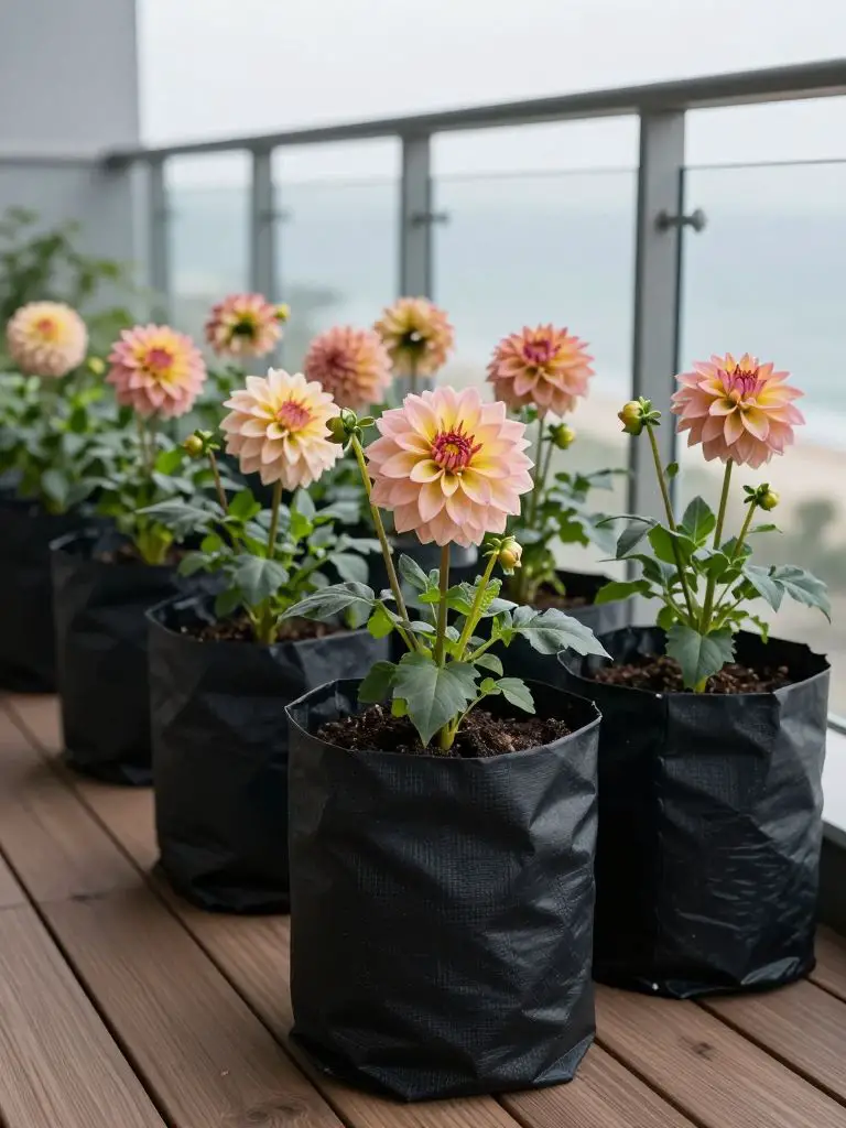 A row of black fabric grow bags sitting on a wooden deck, each holding a large, blooming dahlia.