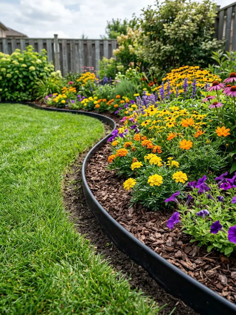 A clean and practical garden edge using flexible black plastic edging to define a curved flower bed, styled in budget-friendly modern garden.