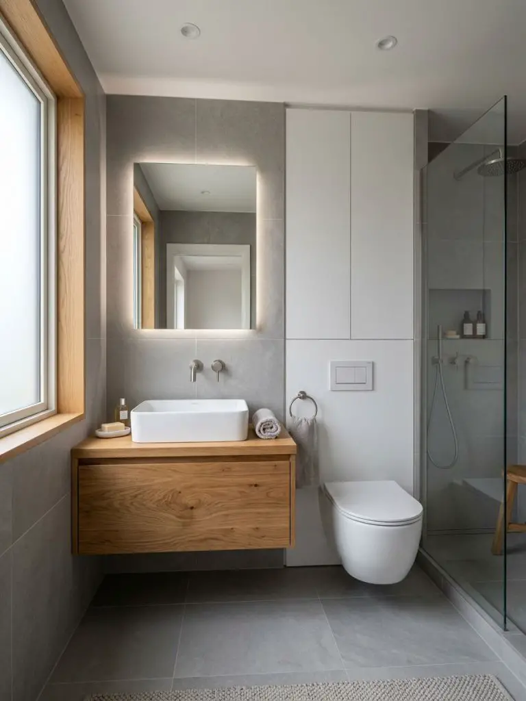 A compact modern bathroom styled in a minimalist contemporary aesthetic, highlighting a floating wood vanity with a vessel sink as the centr.