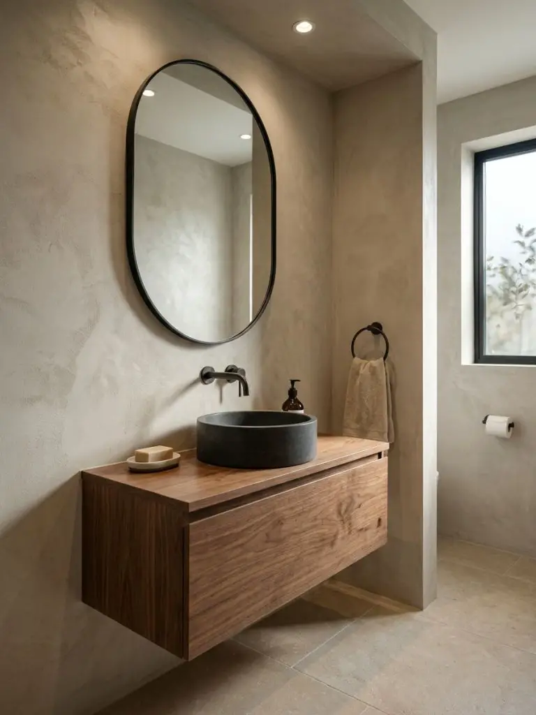 A warm minimalist small bathroom featuring a floating wood vanity with a round vessel sink and oval mirror.