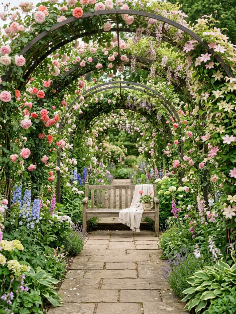 A floral-covered garden arbor forming a tunnel with a bench underneath, designed in romantic English garden style.