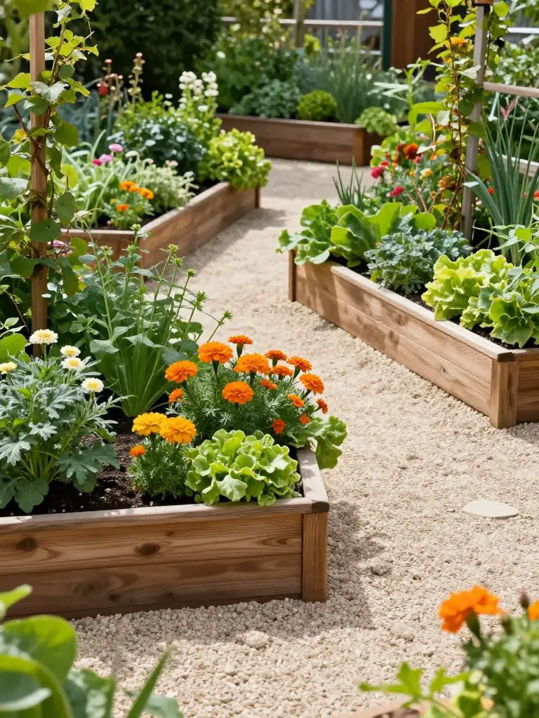 A lush edible garden blending vegetables and flowers in a cottage-inspired modern rustic style, featuring raised beds bordered by a light gr.