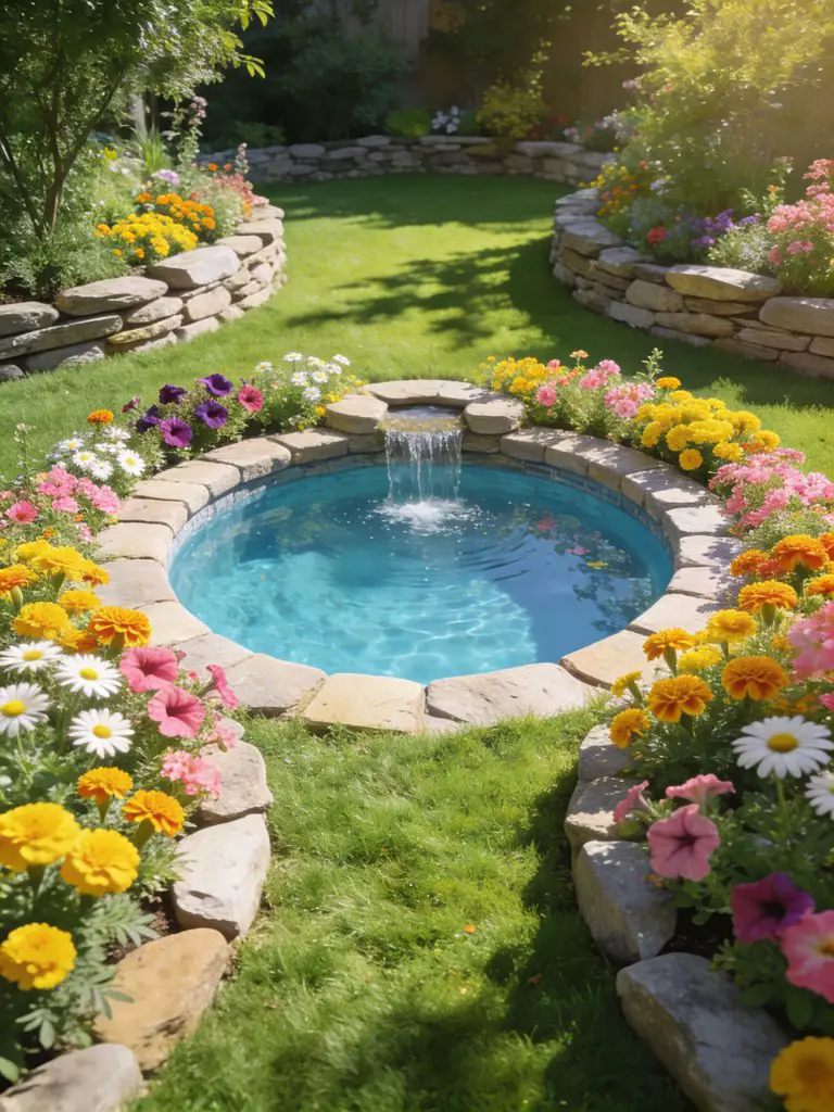 A vibrant backyard pond pool styled in a cottage garden aesthetic, surrounded by colorful flower beds and neatly trimmed lawn.