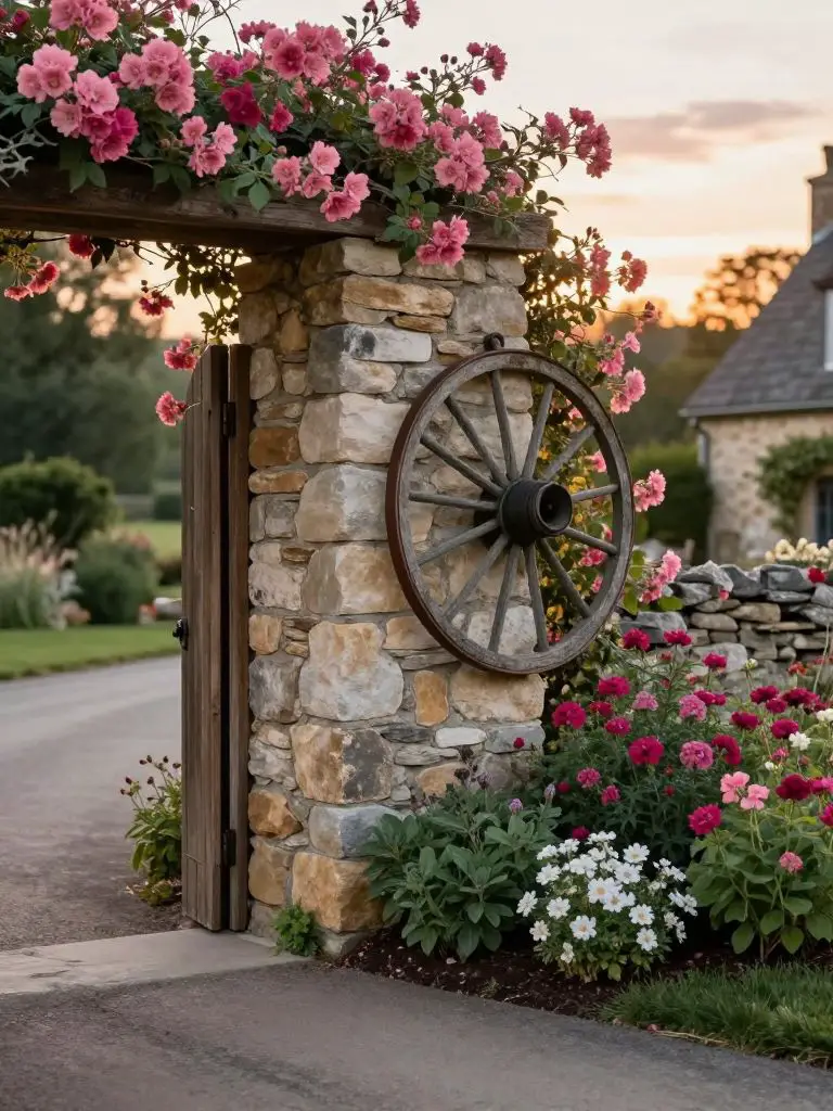 A charming country driveway entrance styled with a rustic stone pillar and a decorative vintage wagon wheel surrounded by blooming flowers.