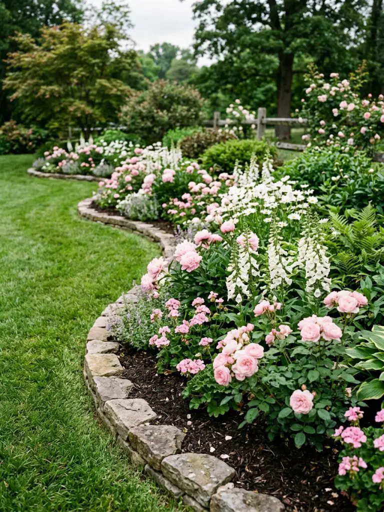 A flowing backyard border flower bed with soft pink and white blooms arranged in a natural wave pattern.