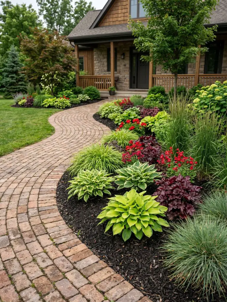 A flowing curved front yard flower bed designed in a warm minimalist and modern rustic style with structured greenery and colorful accents.