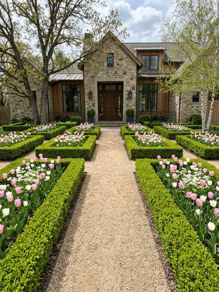 A formal front yard flower bed designed in a warm minimalist and modern rustic style featuring structured boxwood hedges arranged in geometr.