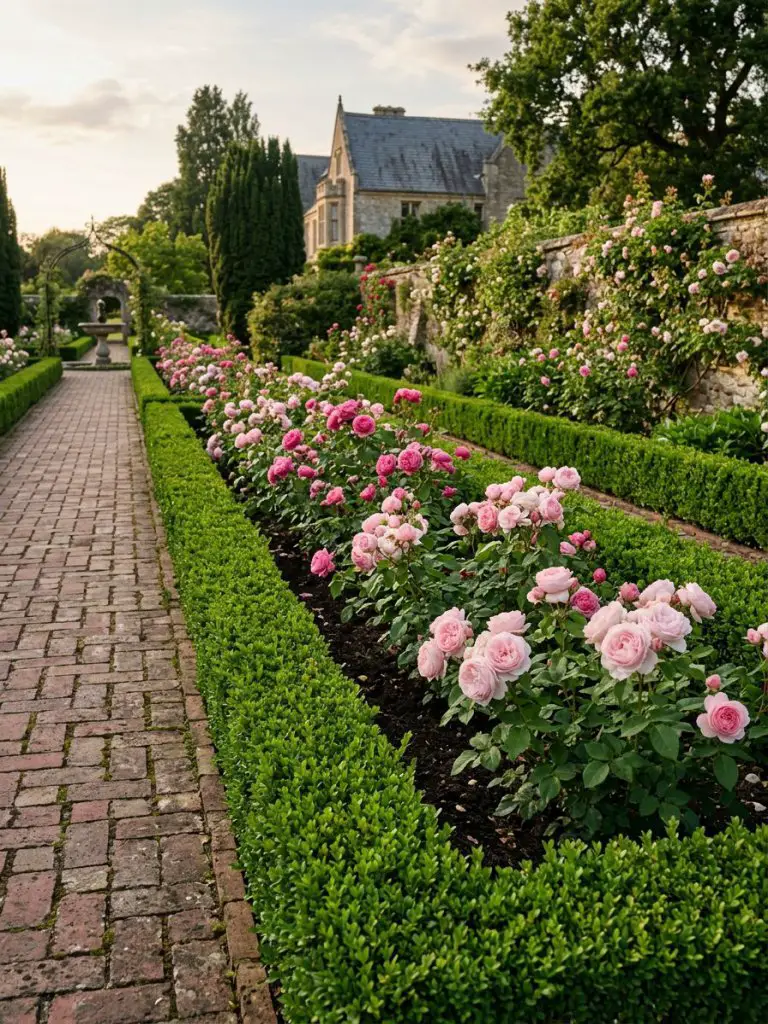A formal narrow flower bed with neatly trimmed boxwood hedges and blooming pink roses, designed in a classic European garden style.
