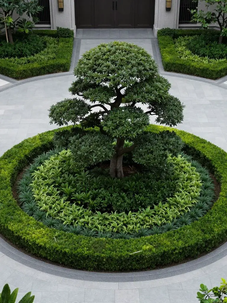 A formal circular driveway island featuring a precisely trimmed hedge design with a central ornamental tree.