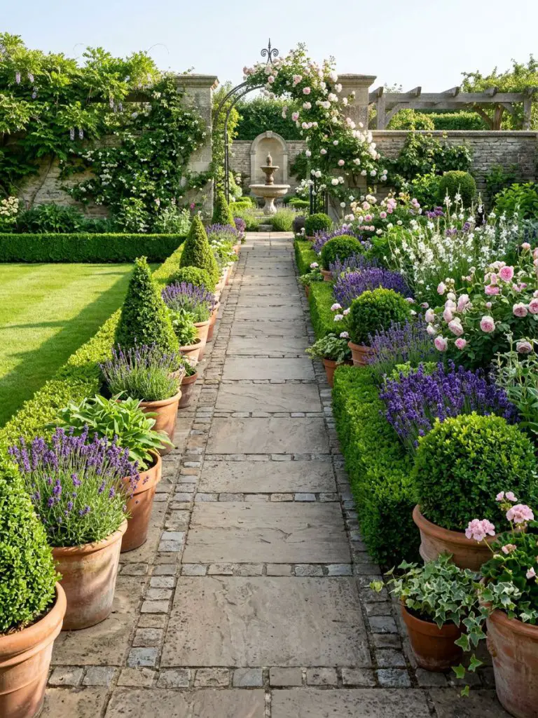 A structured backyard flower bed along a paved pathway, featuring potted plants and clipped greenery in a formal garden design.