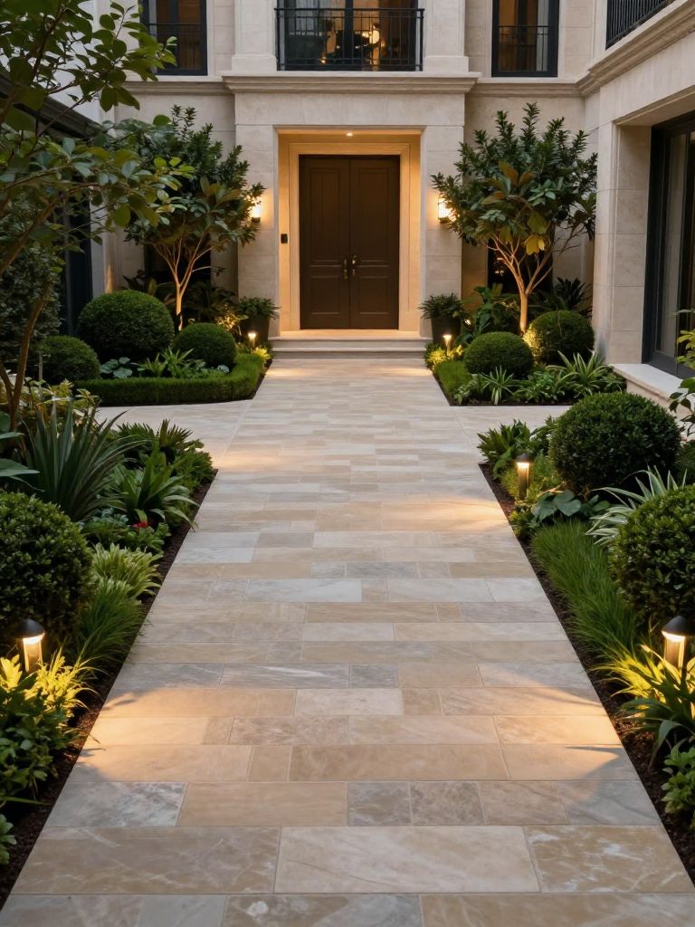 A formal narrow driveway with stone pavers and structured landscaping in a Modern European style.
