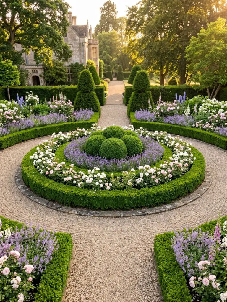 A formal garden design featuring a perfectly symmetrical circular bed surrounded by manicured hedges and layered flowering plants.