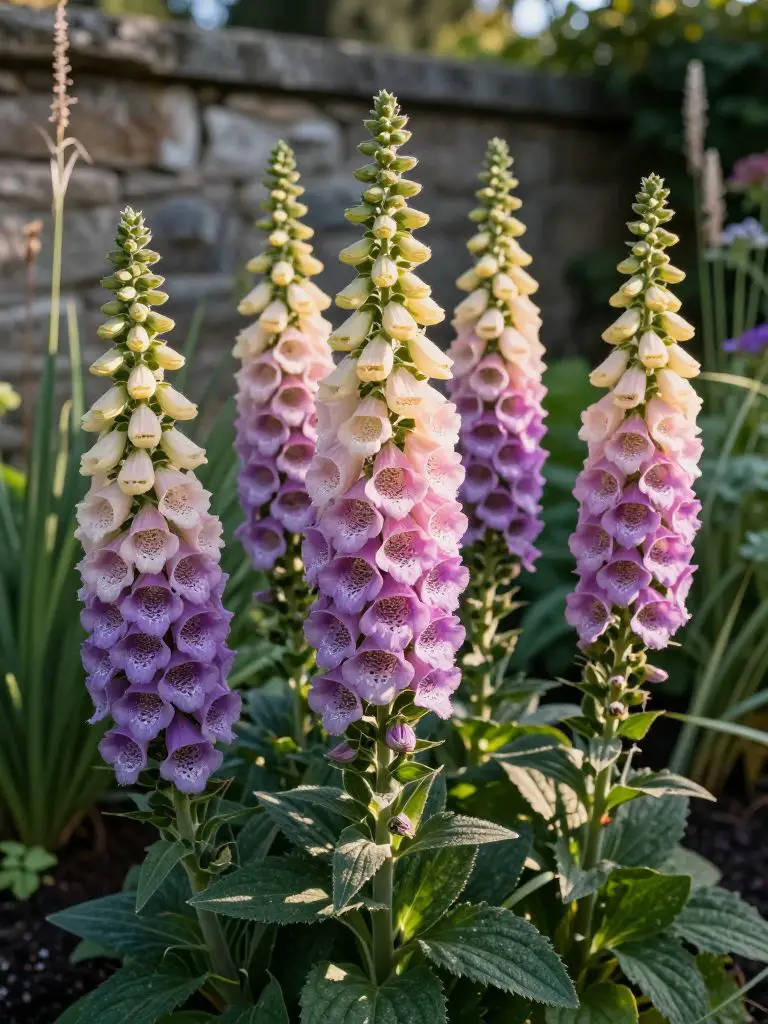 A dramatic grouping of tall foxglove spires rises majestically from a bed of deep green foliage, each tubular bloom rendered in pastel pinks.
