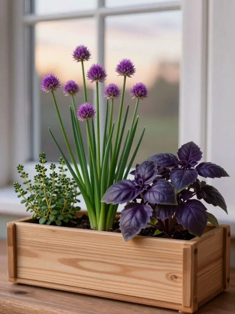 A small wooden window box filled with flowering chives, purple basil, and creeping thyme.