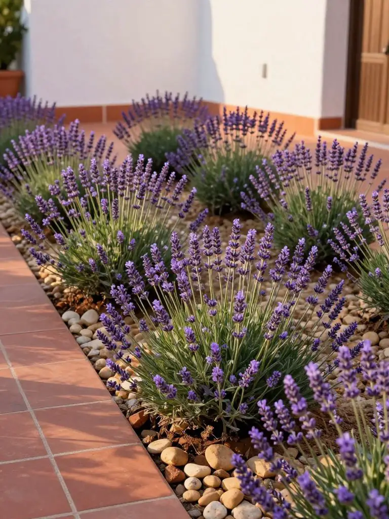 A Mediterranean-inspired garden bed featuring rows of mounded English lavender.
