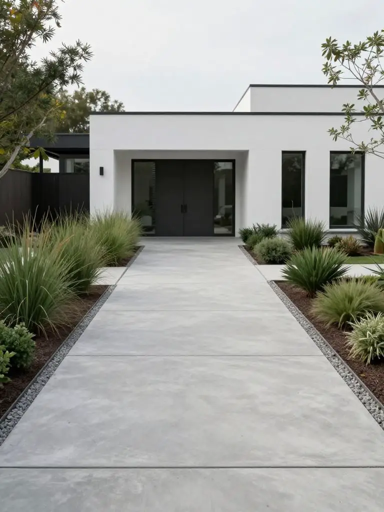 A modern front driveway landscaping scene featuring a sleek concrete driveway extending toward a minimalist white home.