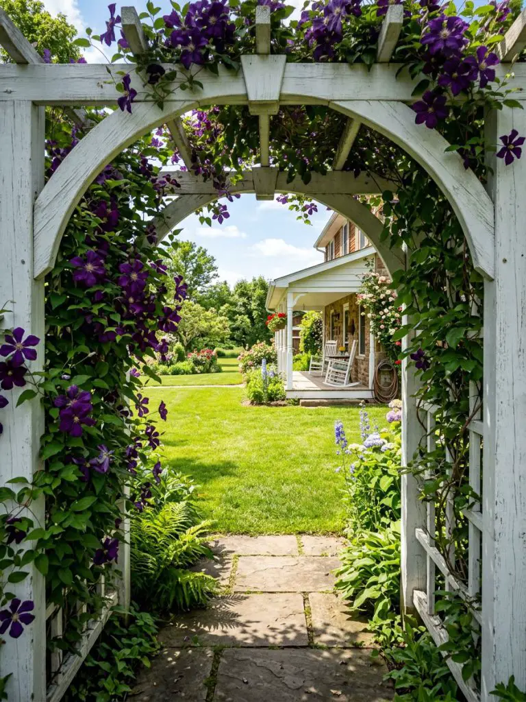 A perspective shot looking through a white wooden garden arbor covered in deep purple clematis vines.