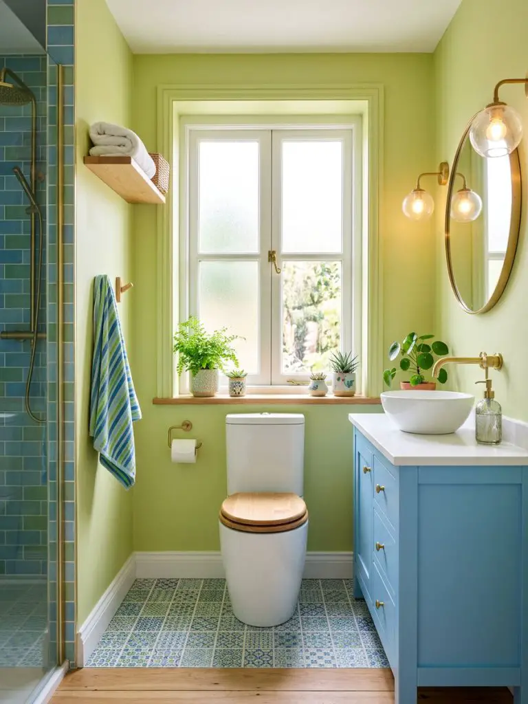 A cheerful tiny bathroom with a playful mix of green walls and blue cabinetry in a modern eclectic style.
