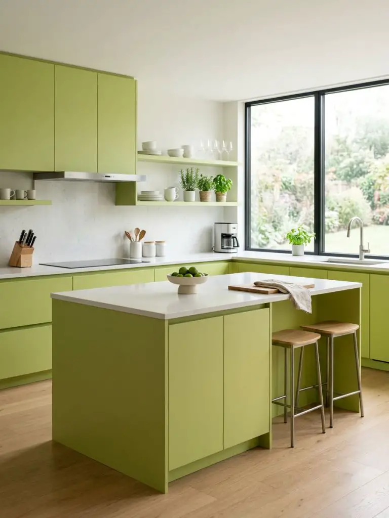 A bright modern kitchen with lime green cabinetry in a sleek flat-panel design, styled in contemporary minimalism with subtle warmth.
