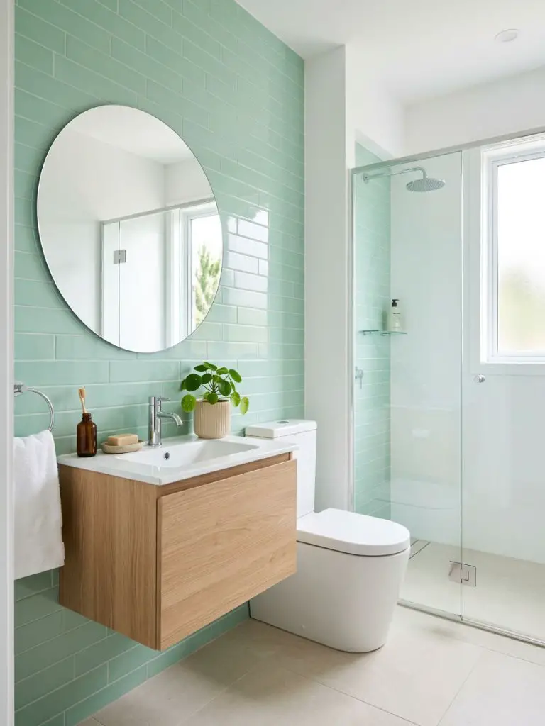 A fresh tiny bathroom designed in a light modern style, featuring mint green wall tiles as the primary focal element behind a compact vanity.