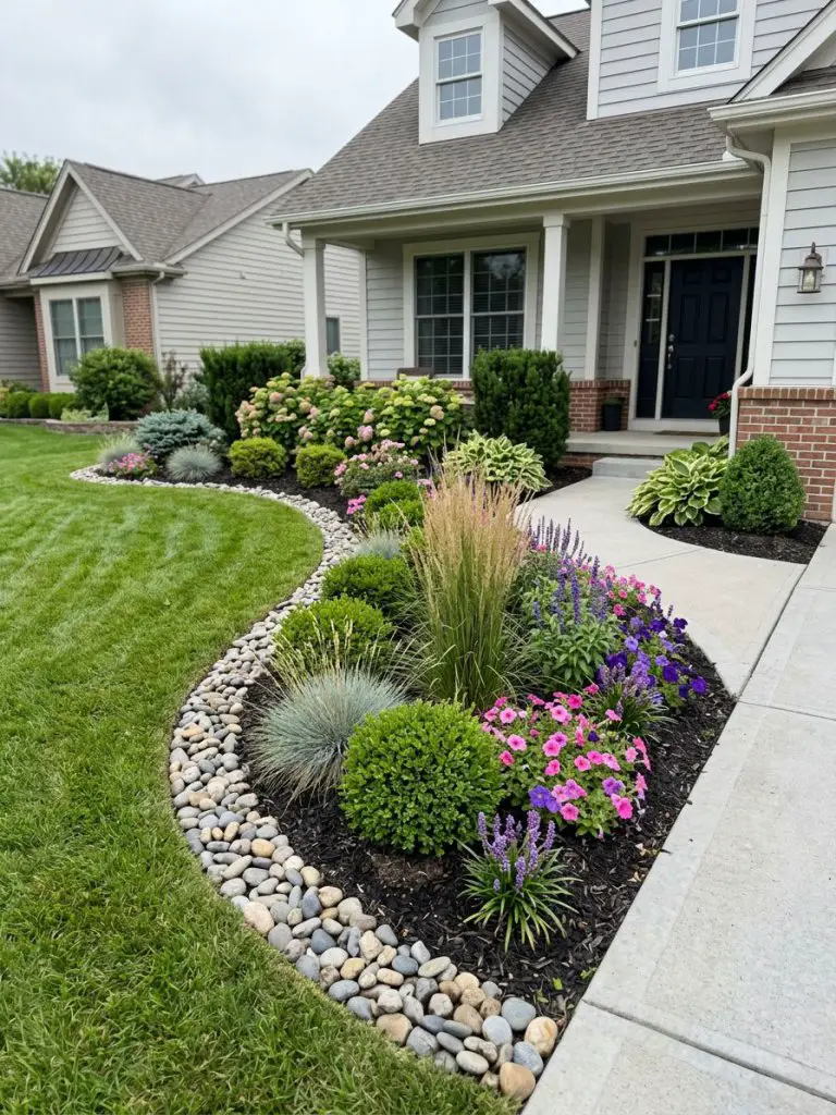A structured front yard flower bed with defined rock edging and layered plant groupings in a classic suburban design.