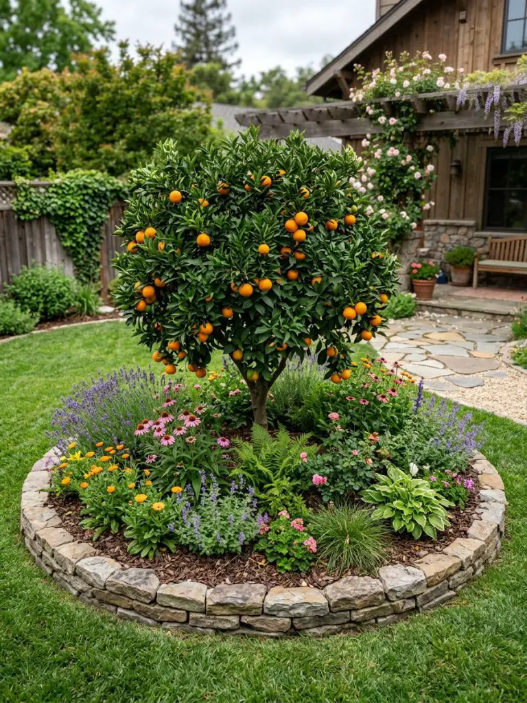 A charming backyard circular flower bed centered around a mature fruit tree, designed in a cozy modern rustic style.