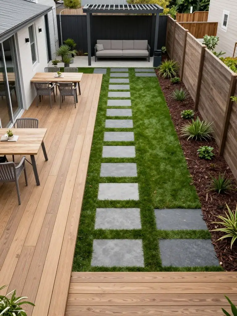 A long narrow backyard divided into functional zones in a modern minimalist and contemporary rustic style, featuring a combination of deckin.