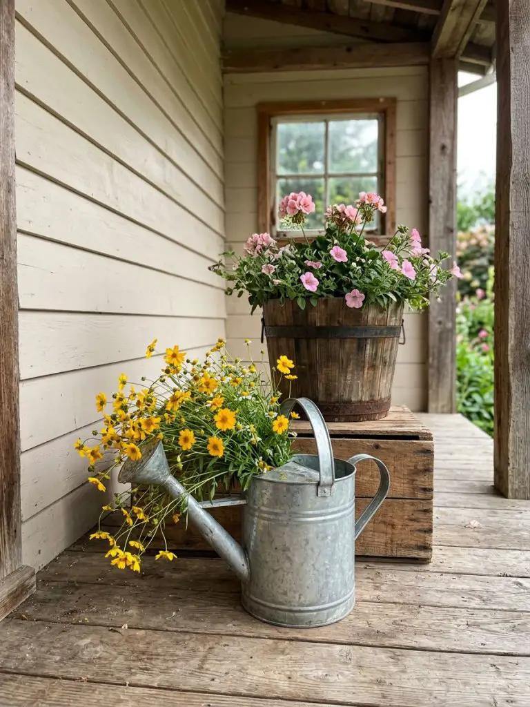 A rustic porch corner styled with a galvanized metal watering can and a wooden bucket planter in a warm minimalist rustic aesthetic.
