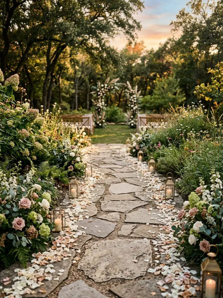 A garden wedding pathway scene in a Warm Minimalist style, with a stone path as the central subject leading into the distance.