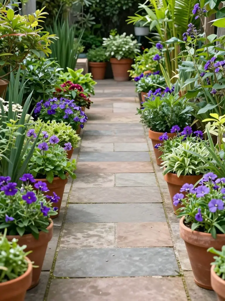 A garden walkway flower bed featuring potted plants arranged along a paved path in a structured yet organic composition.