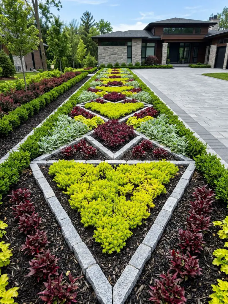 A bold geometric driveway flower bed showcasing structured patterns with contrasting plant colors and shapes.